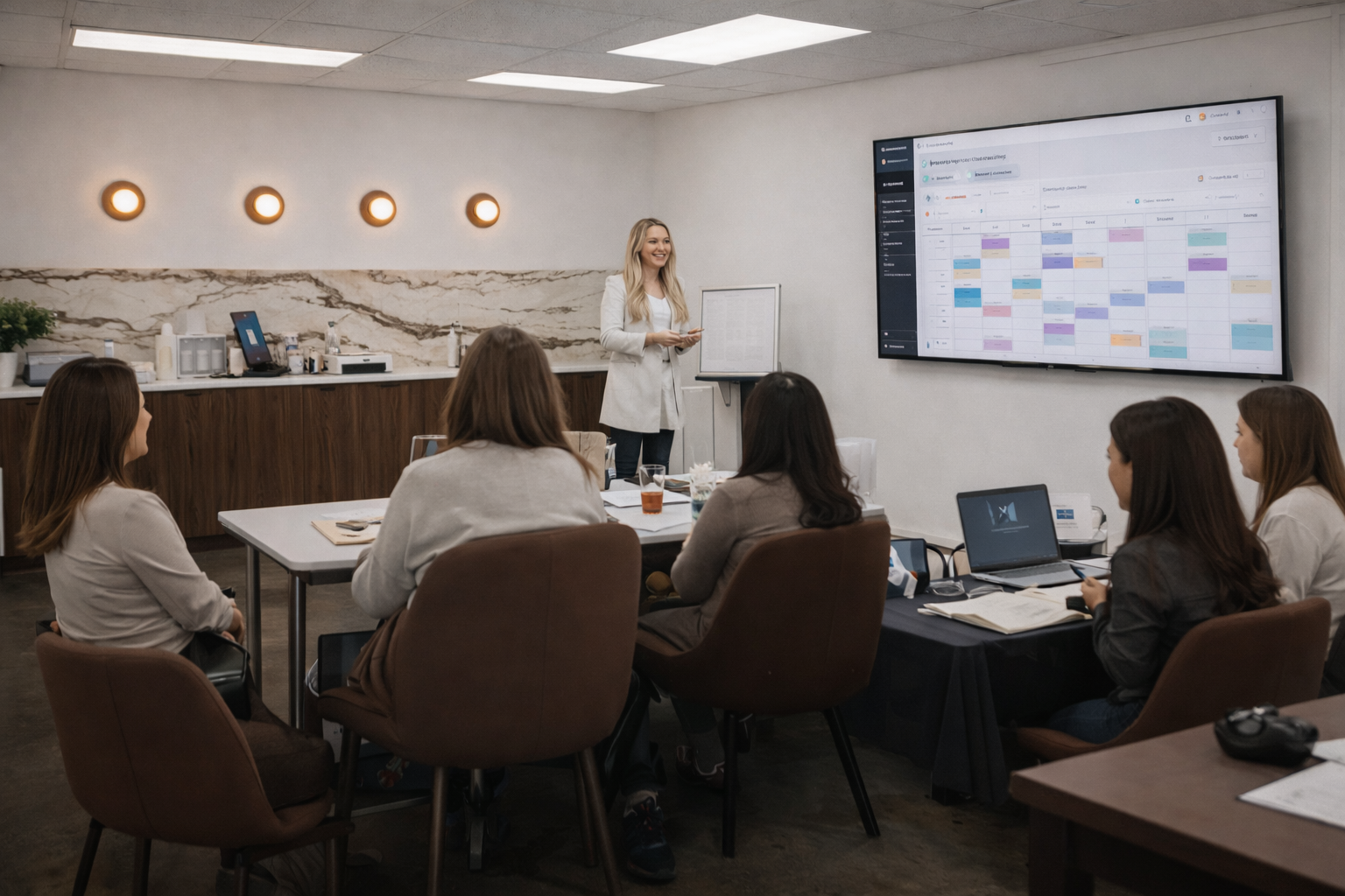 Beauty educator presenting to a classroom at District Studios